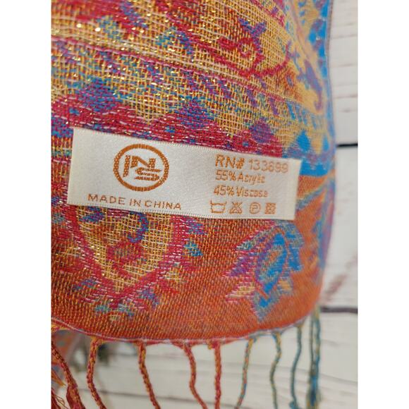 Reversible Fringe Shawl Scarf Pink Blue Paisley Metallic Thread Women's 28"x68" - Picture 8 of 10